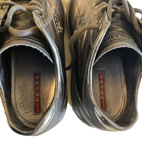 Authentic Prada Women Silver and Gray Leather Sneaker EU 38.5 Made in Italy - Picture 2 of 10